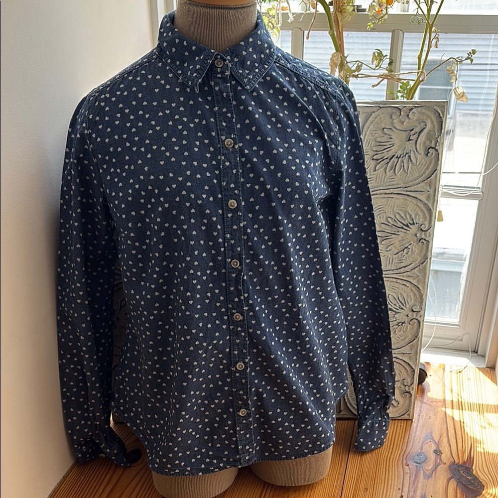 Dark Blue Button-Up Shirt with Small White Heart Print